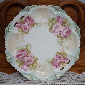 Antique Moritz Zdekauer Pink Rose Porcelain Cake Plate or Cookie Tray